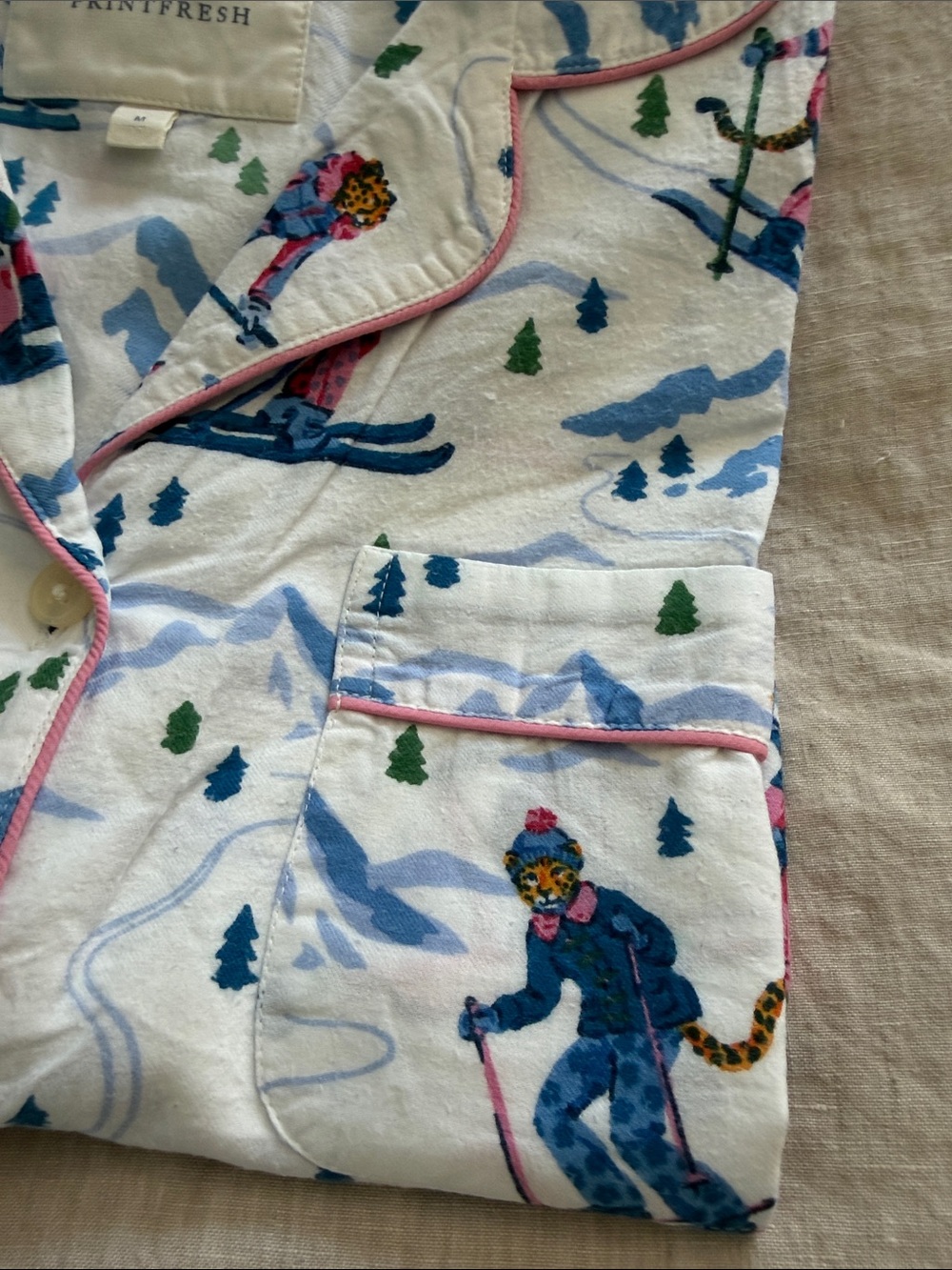 Printfresh Ladies Ski-Print Pajama Set - White with Pink, Blue, Green Accents - Picture 3 of 7
